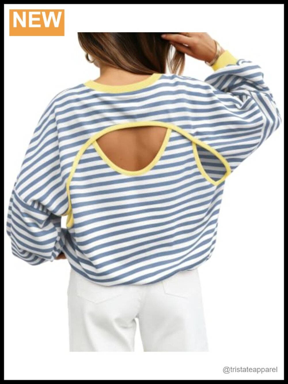 Striped Long Sleeve Open Back Sweatshirt Loose Fit Crew Neck Pullover
